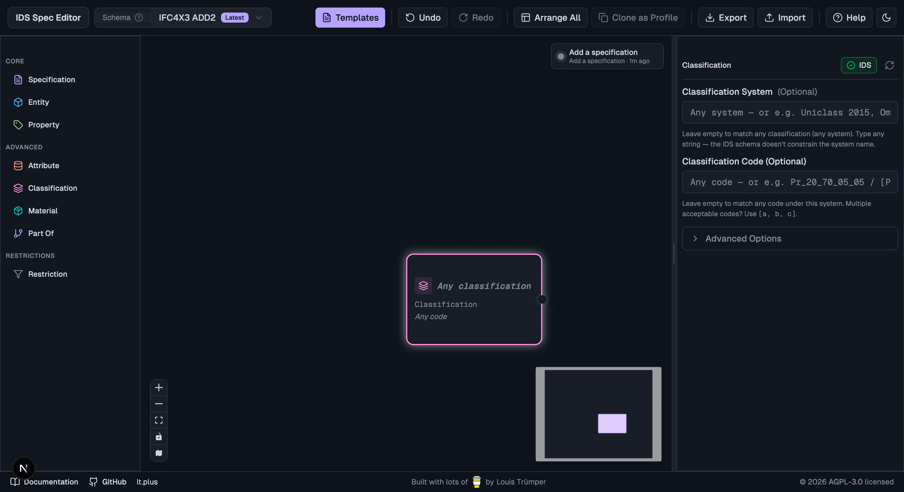 Classification inspector — both fields plain text, helper for system reads "Leave empty to match any classification (any system). Type any string — the IDS schema doesn't constrain the system name."